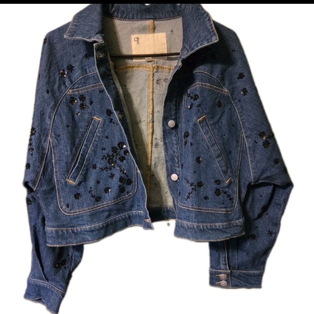 Pilcro Anthropologie Sequin Floral Denim Jacket Blue Cropped Oversized Small